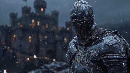 A stoic medieval knight in full armor stands guard amidst a gently falling snow, with a blurred castle backdrop.