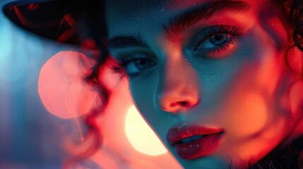 Close-up of a young woman's face bathed in vibrant neon lighting, highlighting her captivating gaze.
