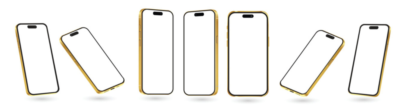 Realistic smartphone mockup. Collection of Iphone 15 and Iphone 15 Pro Max. Iphone different angles, different view. Smartphone with blank screen. Editorial vector illustration. Set of gold phones.