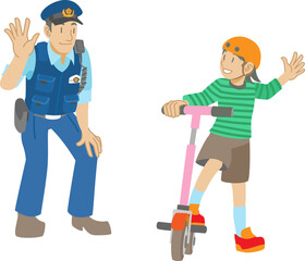 警察官に挨拶するキックスケーターに乗った少女のイラスト
