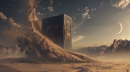 mesmerizing view of a desolate landscape illuminated by the golden hues of the setting sun, with a massive, enigmatic cube structure and a celestial body tracing an arc in the sky