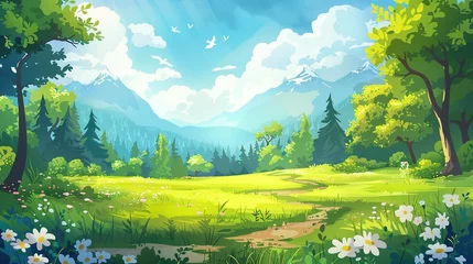 Wandcirkels Regenboog cartoon summer scene with meadow in the forest illustration for children  © Jennifer