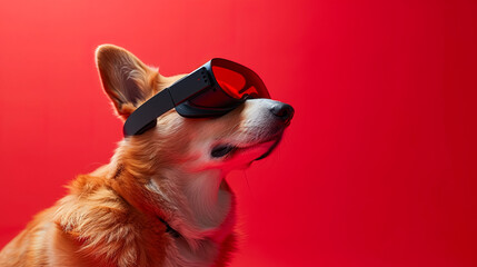 dog with with vision virtual reality sunglass solid background