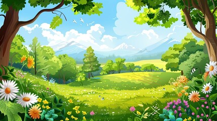cartoon summer scene with meadow in the forest illustration for children