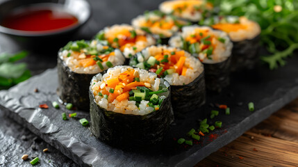 row of Vegetable Sushi Rolls, food photography
