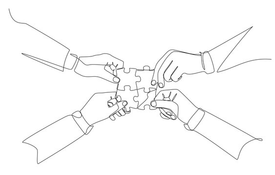 Continuous one line drawing of hands of businessmen putting jigsaw puzzles together, teamwork or cooperation concept, single line art.