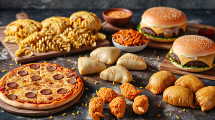 Assorted fast food dishes, illustrating the concept of indulgence, convenience, and the culture of quick meals