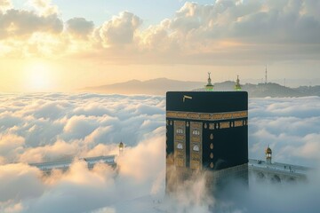 Kaaba, its black cloth embroidered with gold thread. The clouds above are illuminated by a golden light - obrazy, fototapety, plakaty