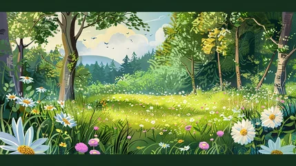 Fotobehang Regenboog cartoon summer scene with meadow in the forest illustration for children  © Jennifer