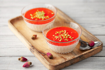 Malabi (muhallebi) milk rice pudding with pistachios. Arabic dessert