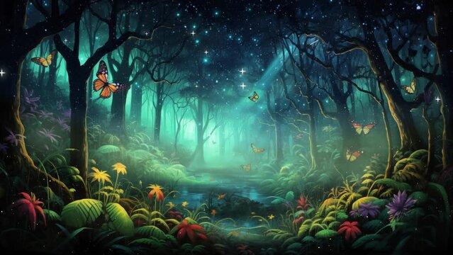 monsoon forest at night with butterfly.  nature with anime cartoon illustration concept. seamless looping overlay 4k virtual video animation background 