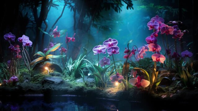 orchid garden at night. fantasy background at night. seamless looping overlay 4k virtual video animation background 