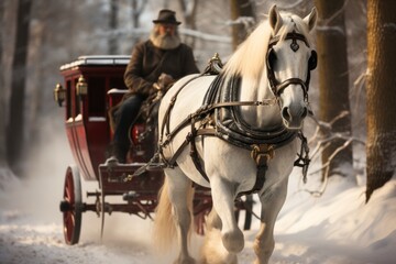 Naklejka na ściany i meble Man travels through snowy terrain in horsedrawn vehicle