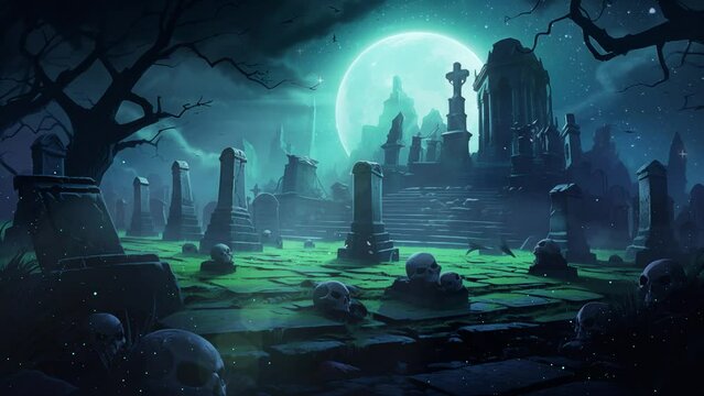 gothic cemetery at night with each gravestone emitting an eerie glow. seamless looping overlay 4k virtual video animation background 