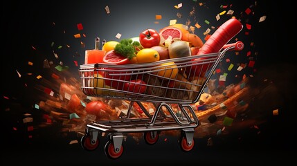 fast flying shopping cart delivering groceries isolated on transparent background