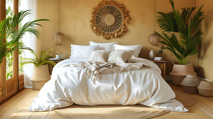 Modern bedroom interior, showcasing minimalist design, comfort, and the serene aesthetics of contemporary living