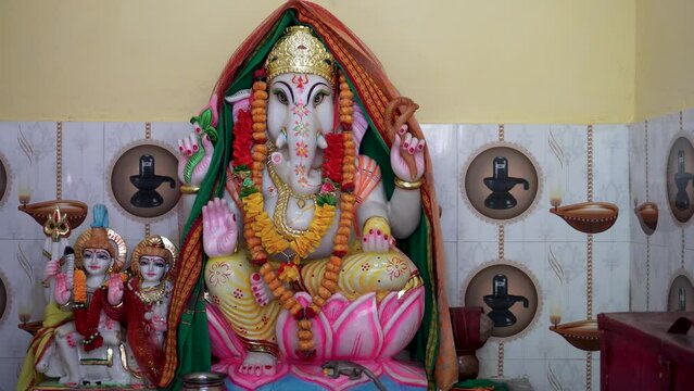 Sacred Lord Ganesha Sculpture: Hindu Temple Interior Footage