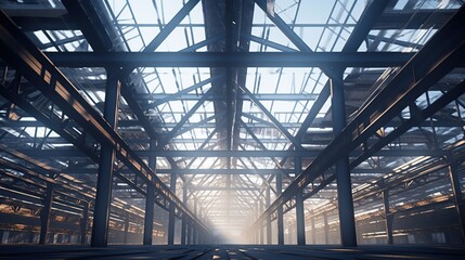 Metal structure for large industry and factory building under construction concept background.