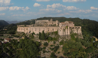 Aerial panorama of Castello Malaspina di Massa in Italy. Historic castle in Italy aerial view on drone.
