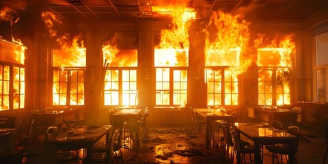 Fire rages through a multi-windowed room in a fierce blaze. Concept House Fire, Fierce Blaze, Multi-windowed Room, Fire Emergency, Dangerous Flames - obrazy, fototapety, plakaty