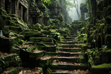 a set of stairs surrounded by moss and rocks in a forest