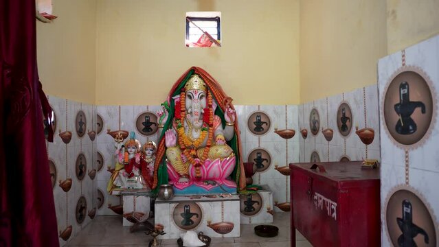 Sacred Lord Ganesha Sculpture: Hindu Temple Interior Footage