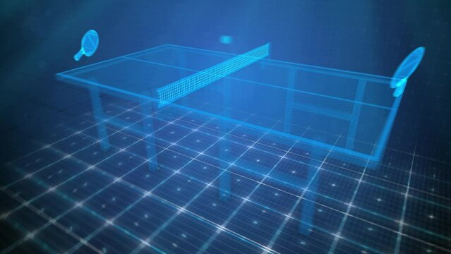 High tech holographic 3D animation of table tennis game. Futuristic rackets hit ping pong ball back and forth across hologram table. Digital POV view with seamless loop of virtual ping-pong sport game