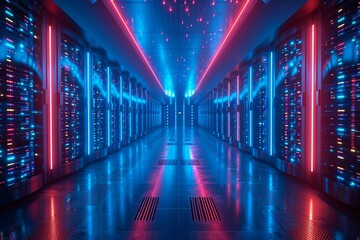 a futuristic data center with rows of high-tech servers glowing in neon blue color - obrazy, fototapety, plakaty