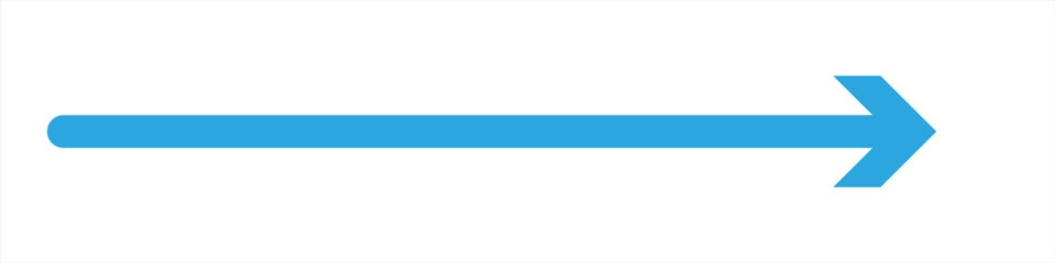 Straight long arrow, right thin line, blue cursor, horizontal element, thick pointer vector icon isolated on white background. Simple illustration