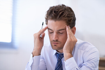 Headache, stress and business man with fatigue, pain and anxiety for overwork in office. Migraine,...