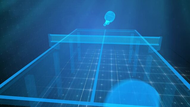 High tech holographic 3D animation of table tennis game. Futuristic rackets hit ping pong ball back and forth across hologram table. Sci-fi HUD view with seamless loop of virtual ping-pong sport game