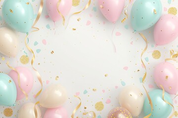 festive frame made of various balloons in pastel colors like pink