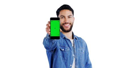 Green screen, phone and portrait of happy man with mockup for news on isolated, transparent or png background. Smartphone, space and face of male person with app offer, deal or platform opportunity