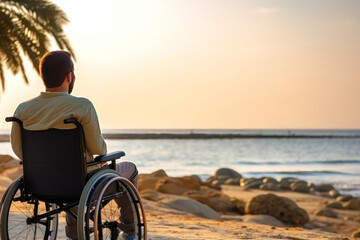 Fototapeta premium Man in Wheelchair Contemplating the Ocean View