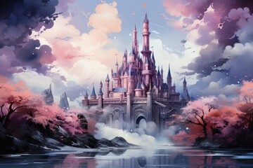 a painting of a castle in the middle of a lake surrounded by trees and clouds