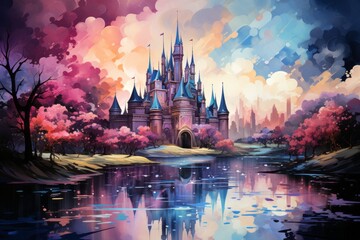 a painting of a castle in the middle of a lake surrounded by trees - obrazy, fototapety, plakaty