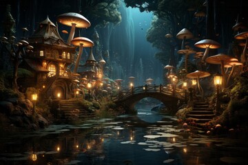 a painting of a fairytale village with mushrooms and a bridge over a river