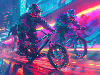 A transport festival featuring fast neon lit bikes skateboards and scooters radiating cheerfulness and speed