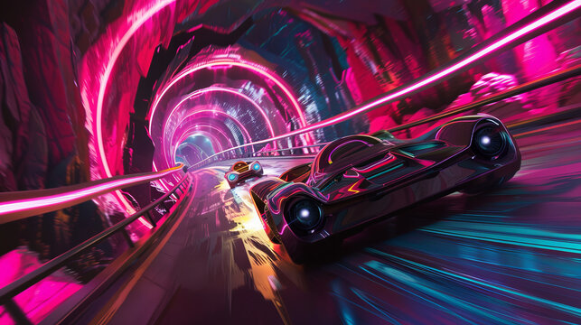 A transport pod race in a neon canyon where speed and cheerfulness merge in a thrilling display of future travel