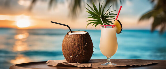 Cocktail in a coconut with straws and decor on the table, the ocean and a palm tree are in the...