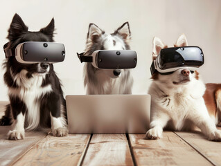 A virtual reality game for pets with dogs and cats using VR headsets to explore digital worlds guided by a laptop