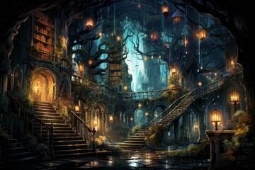 a painting of a castle in the woods with stairs and lanterns