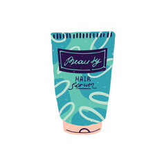 Organic hair serum tube. Bottle of natural shower cosmetics. Beauty accessory for bathing. Moisturizer mask with professional care. Hygiene. Flat isolated vector illustration on white background