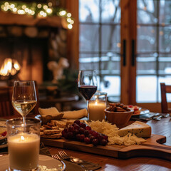 A warm cozy setting featuring a closeup of gourmet cheese and wine inviting an evening of delicious indulgence