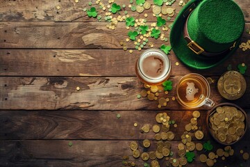 Obraz na płótnie Canvas St Patrick Day concept. Top view wooden desk table with beer gold coins, leprechauns hat. Generative AI