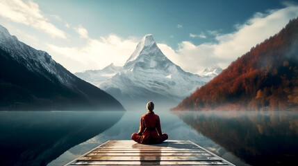 Calm morning meditation scene of a young woman is meditating while sitting on wooden pier outdoors with beautiful lake and mountains nature. wellness soul concept - 737760750