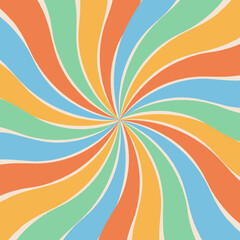 Groovy retro colorful swirl sunburst starburst with ray of light. Abstract background with colorful sun in 60s, 70s hippie style. Trendy graphic print. Sunny template. Flat design.