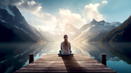 Calm morning meditation scene of a young woman is meditating while sitting on wooden pier outdoors with beautiful lake and mountains nature. wellness soul concept - obrazy, fototapety, plakaty