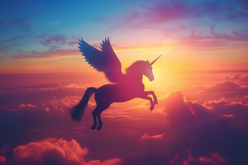 A celestial unicorn with wings soaring among the clouds at sunset casting vibrant colors - obrazy, fototapety, plakaty