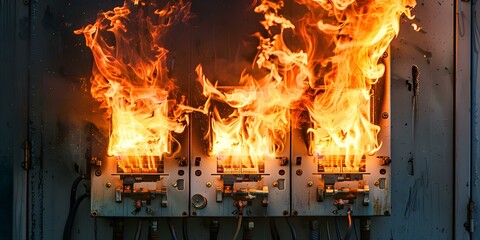 Violent fire consumes an industrial electrical panel caused by a short circuit. Concept Fire Safety Measures, Electrical Hazards, Industrial Accidents, Preventing Short Circuits, Fire Damage Recovery - obrazy, fototapety, plakaty
